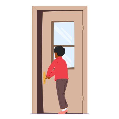 Küçük çocuk çizgi film karakteri beyaz arka planda kapalı duran kapıyı açtı. Erkek anaokulu öğrencisi günlük hareket hareket vektör illüstrasyonu yaşıyor