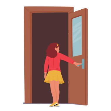 Küçük kız çocuk çizgi film karakteri. Binanın kapısını açıyor. Dış dünyaya geçiş yapıyor. Kadın çocuk her gün uzay vektörü çiziminden çıkıyor.