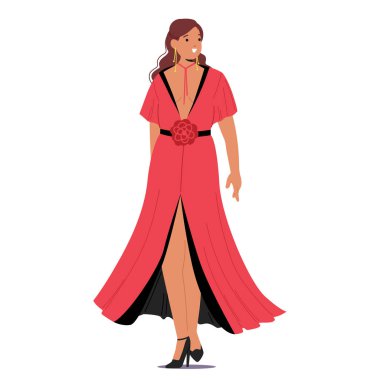 Beyaz arka planda izole edilmiş zarif kırmızı gece elbisesi giyen güzel, çekici bir kadın çizgi film karakteri. Kadın cazibesi özel durum vektör illüstrasyonu. Moda ve sofistike
