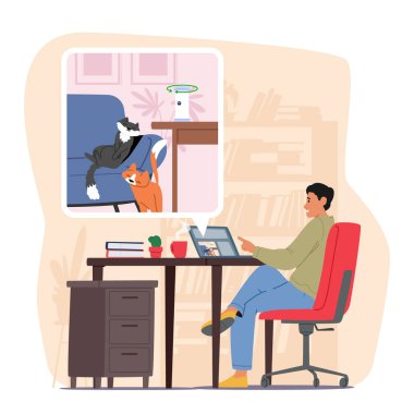Profesyonel bir evcil hayvan sahibi olan adam, evdeki kedi davranışlarını gözlemlemek için ofis karikatür sahne vektör çiziminde çalışırken bilgisayardaki akıllı kamera ev teknolojisini kullanıyor.