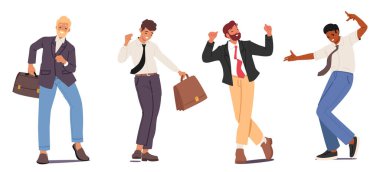 Pozitif iş adamları, dans eden çizgi film karakterleri, izole edilmiş bir sette başarı mutluluğu sergiliyorlar. Güven ve zafer vektörü illüstrasyonunu ifade eden neşeli girişimciler