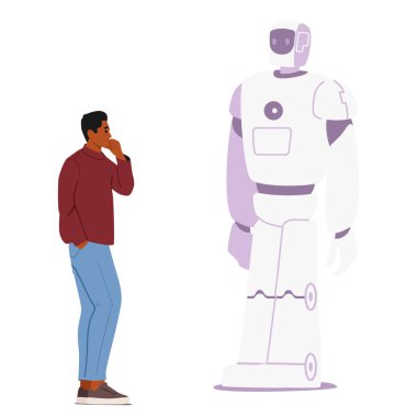 İnsan çizgi film karakteri, yenilikçi iş çözümleri geliştirme vektör ilüstrasyonuna adanmış ticari şov teknolojisi etkinliklerinde robotik teknoloji sunumuna kendini kaptırmış gelecekteki sergiyi ziyaret ediyor.