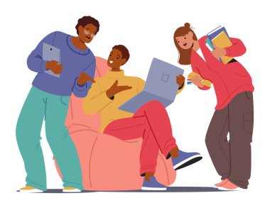 Verimli bir işbirliği deneyimi olan zeki genç öğrenciler çizgi film karakterleri birlikte çalışıyorlar. Sınıf arkadaşları pozitif akademik etkileşim ve paylaşılan öğrenme başarı vektörü çizimi