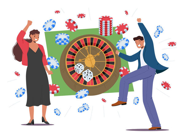 Excited happy man and woman characters enthusiastically rejoicing win while playing gambling casino roulette celebrating success successful round dancing under falling gaming chips vector illustration