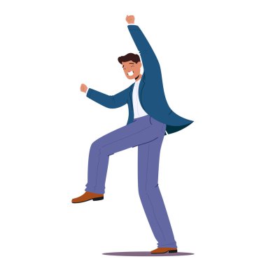 Sevinçli, başarılı, başarılı çizgi film karakteri zaferi, başarıyı ve şansı ifade ediyor. Erkek, ezici neşe, olumlu sonuç ve başarı vektörü illüstrasyonunu vurguluyor