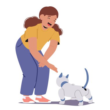 Mutlu gülümseyen kız çocuk çizgi film karakteri beyazın üstünde izole edilmiş mekanik kediyle oynuyor. Çocukluk eğlencesi ve neşesinin masumiyeti fütüristik robotik evcil hayvan, etkileşimli arkadaşlık vektör çizimi