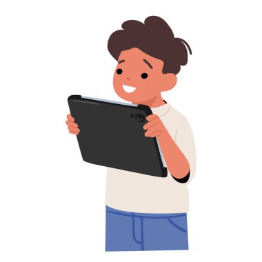 Küçük sevimli anaokulu çocuğu beyaz arka planda izole edilmiş mobil tablet üzerine dijital kitap okuyan akıllı çocuk çizgi film karakteri. Modern entelektüel bilgi ve bilişsel gelişim vektörü illüstrasyonu