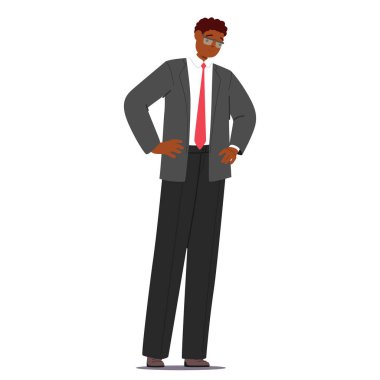 Resmi takım giyen düşünceli iş adamı çizgi film karakteri beyaz arka planda ciddi şekilde izole görünüyor. Erkek işveren derin düşüncelere ve profesyonel ağırbaşlılık vektörü illüstrasyonuna sahip