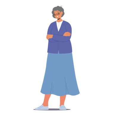Emekli yaşlı kadın iş arayan çizgi film karakteri yeni kariyer fırsatları, ömür boyu öğrenme ve mesleki ilişki illüstrasyonuna devam ediyor. İş gücünde yaş çeşitliliği