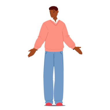 Şaşkın adam iş arayan çizgi film karakteri beyaz arka planda izole edilmiş çaresizlik jesti olarak kollarını ardına kadar açıyor. Boşluk arama hüsranı, kararsızlık vektörü çizimi