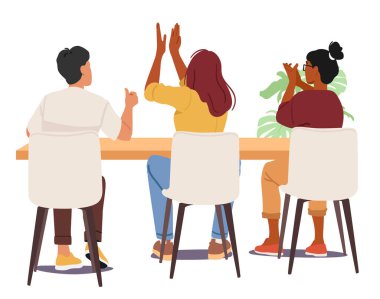 Çeşitli iş adamları tebriklerini sunmak ve arkadaki ofis masası manzarasını desteklemek için alkışlıyorlar. Hakiki takdir ve kollektif ruh vektörü illüstrasyonu yaşayan insanlar