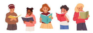 Akıllı çocuk çizgi film karakterleri klasik kağıt masal kitapları ve izole edilmiş geleneksel peri masalı setleri okuyorlar. Tatlı kız ve erkek çocuklar okuyucu becerileri ve zeka vektörü çizimi geliştiriyor.