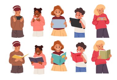 Çekici çocuklar çizgi film karakterleri modern akıllı aletler ve kağıt edebiyatı setiyle kitap okurlar. Önemli geleneksel ve dijital eğitim, melez öğrenme vektör illüstrasyonu
