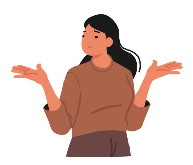 Şaşırmış duygusal genç kadın çizgi film karakteri, kafa karışıklığı içinde kaşlarını çatarak seçim belirsizliği yaratıyor, kollarını iç çatışma izole edilmiş portre illüstrasyonundan dolayı geniş bir alana yayıyor.