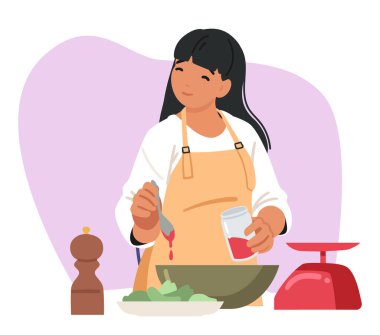 Mutlu kadın çizgi film karakteri, mutfak sahnesinde lezzetli sağlıklı yemekler hazırlıyor. Kadın dikkatli yemek pişirme, aşçılık keyfi ve ev içi tatmin vektörü illüstrasyonundan zevk alıyor