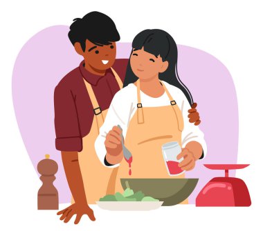 Genç erkek arkadaş ve kız arkadaş çizgi film karakterleri ev mutfağında birlikte yemek pişiriyorlar. Romantik bağ kurmaktan hoşlanan erkek ve kadın, ev işleri ve yemek pişirme eğlenceli vektör ilüstrasyonları