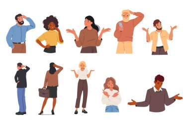 Şaşırmış erkek ve kadın duygusal olarak hareketler yapıyor, surat asıyor, karar arıyor, alternatif seçenekler ve doğru çözüm seti arıyor. İnsanlar kararsızlık ve seçim vektör illüstrasyonunu paylaştı