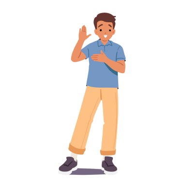 Handsome schoolboy cartoon character giving oath to tell truth full-length portrait isolated on white background. Honesty, integrity, sincerity and ethical conduct in childhood vector illustration