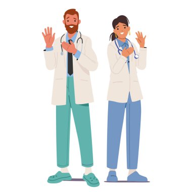 Man and woman doctors cartoon characters engaged in the formal act of promising the Hippocratic Oath isolated on white. Solemn vow, ethical standards and commitment to healing vector illustration