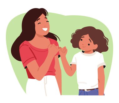 Mom daughter cartoon characters gesturing pinky promise hand sign experiencing reconciliation, positive teamwork with mutual agreement vector illustration. Emotional healing in family relationships