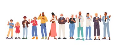 Diverse people cartoon characters of different ages making oath and swear solemn gesture isolated set on white background. Children, adults, doctors and businesspeople promising vector illustration