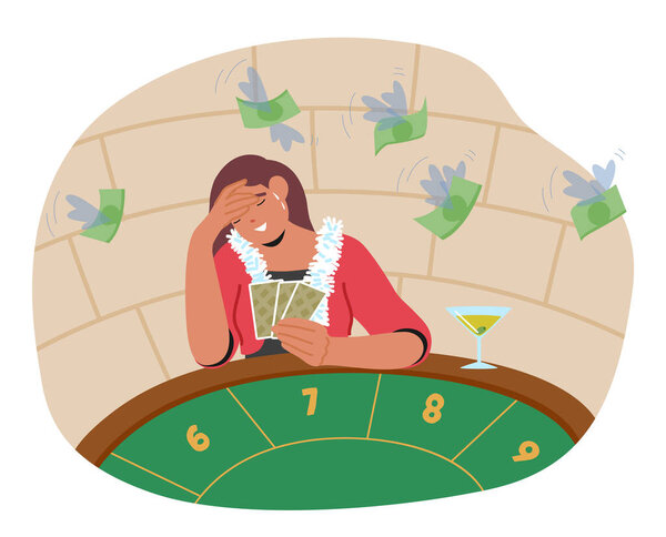 Upset crying woman feeling distraught, despair and regret due to weak combination of cards suffering from gambling losses at casino poker table cartoon scene. Game misfortune vector illustration