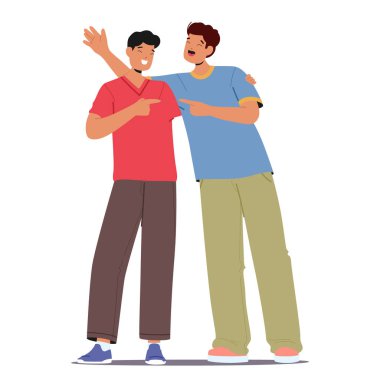 Mutlu genç öğrenci çizgi film karakterleri karşılıklı destek ve başarılı takım çalışması çizimi gösteriyorlar. Gençlerin işbirliği, dostluk ve olumlu gençlik yoldaşlığı deneyimi.