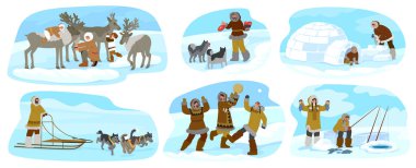Kutup insanlarının zengin Eskimo yaşamı, kültürü ve gelenekleri karikatür sahnesi setini izole etti. Avcılık ve balıkçılık, iglolar inşa etmek, köpekleri beslemek, güzel bir geyik vektör çizimiyle yürümek.