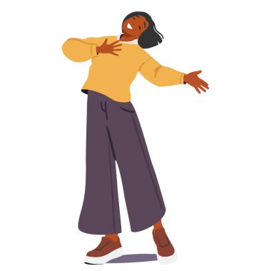 Kadın çizgi film karakteri, beyaz arka planda izole edilmiş tiyatro sınıfında mutluluk ve ilhamı oynuyor. Dram kursu vektör illüstrasyonunda olumlu duygusal tasvirler, yaratıcı buluşlar