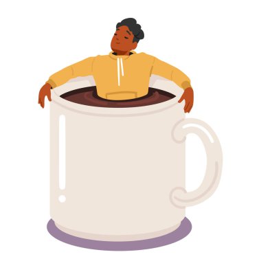 Mizahi, rahat, çizgi film karakteri, büyük kahve fincanının içinde dinleniyor, aroma içeceği var ve beyaz tenli rahat. Favori içecek vektörü illüstrasyonlu samimi anlar için özgüven ve sevgi