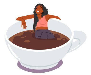 Tatmin olmuş genç kadın çizgi film karakteri büyük bir fincan kahvenin içinde yüzüyor ve beyaza izole edilmiş stres vektör çiziminden mutlu bir şekilde kaçıyor. Gerçeküstü bir ortamda tuhaf bir kişisel bakım.