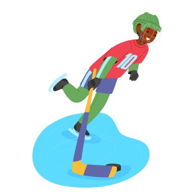 Tam teçhizatlı giyinmiş Afrikalı Amerikalı çocuk çizgi film karakteri buz pisti çizimlerinde hokey coşkusu sergiliyor. Gençlik sporları ve çocuklar için kış sporları hobisi