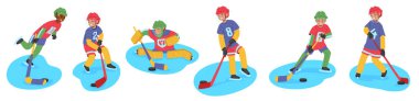 Sevimli çocuk hokey oyuncuları çizgi film karakterleri tam teçhizat giyerek ikinci lig maçı izole setini oynuyorlar. Sporcu olmak isteyen yetenekli çocuklar için buz sporları yarışması