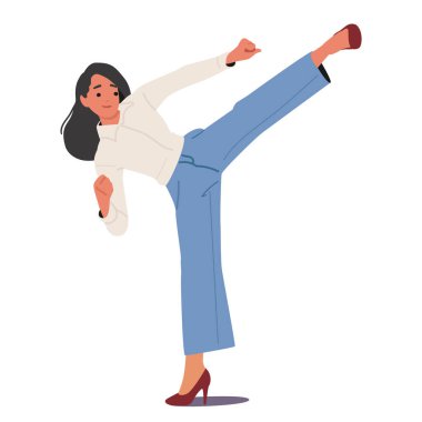 Genç iş kadını çizgi film karakteri beyaz bacaklı karate tekmesi atıyor. Kadın ofis çalışanı güçlükleri güç ve profesyonel özgüven vektörü illüstrasyonuyla aşıyor