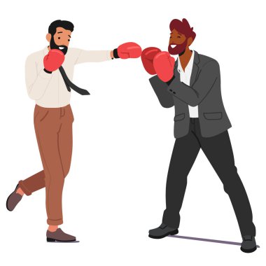 Beyazların arka planında izole edilmiş, acımasız bir iş rekabetine girmiş, eldivenli iki iş adamı. Yürütme gücü ve üstünlük vektörü illüstrasyonu için yoğun mücadele