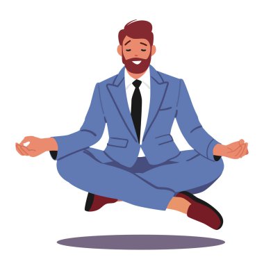 Meditasyonda yükselen kendine güvenen iş adamı çizgi film karakteri, izole edilmiş beyaz arka planda iş baskısı altında barış ararken poz veriyor. Stres yönetimi ve zihinsel dayanıklılık vektörü çizimi