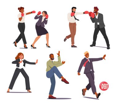 Çeşitli iş adamları karate tekmesi atan, yumruk atan, boks yapan, borç topunu izole eden çizgi film karakterleri. İş adamı ve iş kadını, vektör illüstrasyonunun üstesinden geldi