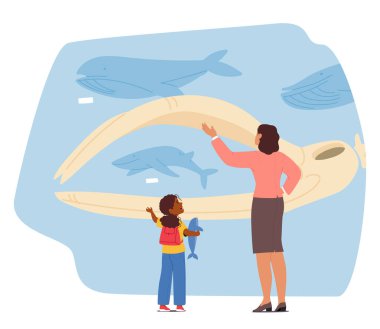 Okul çocuğuyla birlikte akvaryum, balık ve dinozor fosilleriyle okyanus müzesini gezen öğretmen çeşitli bilim eğitimi karikatürlerinde yer aldı. Deniz biyolojisi vektör illüstrasyonunu çalışıyor