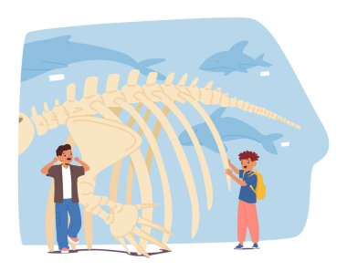 Meraklı küçük okul çocuğu karakterler okyanus bilimi müzesi karikatür sahnesinde rehberlik turunun keyfini çıkarıyorlar. Çocuklar akvaryumdaki balıklarla ve dinozorların fosilleriyle mutlu bir şekilde sergi keşfediyorlar.