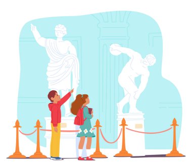 Okul çocukları tarih müzesi karikatür sahnesini ziyaret ederken tarihi heykelleri inceliyorlar. Galeri vektörü illüstrasyonunda eğitim gezileri sırasında antik sanata ilgi gösteren öğrenci