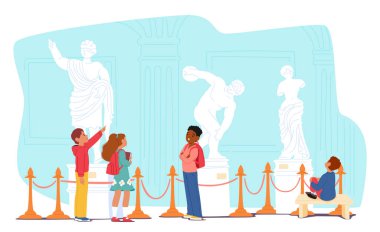 Antik heykel sergisiyle müzeyi ziyaret eden okul çocukları eğitim gezisi karikatür sahnesinin keyfini çıkarıyorlar. Tarih eğitimi, rehberli kültürel keşif ve çocuklar için vektör illüstrasyonu öğrenme