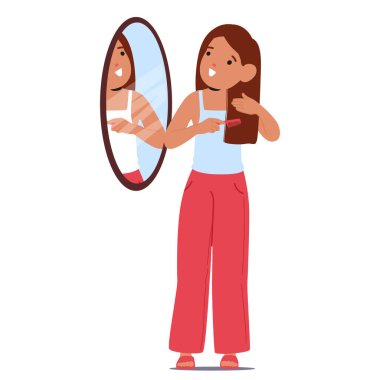 Küçük kız çizgi film karakteri, günlük hijyen rutininin bir parçası olarak saçlarını tarıyor ve aynanın önünde beyaza izole bir şekilde dikiliyor. Çocuk bakımı, sağlıklı alışkanlıklar, kişisel bakım vektör çizimi