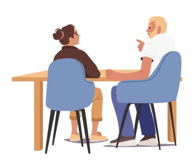 Erkek ve kadın iş arkadaşları çizgi film karakterleri masa başında oturmuş beyaz arka planda iş tartışmaları yapıyorlar. Proje planlama vektör illüstrasyonunda profesyonel takım çalışması