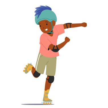 Beyaz arka planda yüksek hızda izole edilmiş paten kullanan havalı çocuk çizgi film karakteri. Şık görünümlü aktif çocuk paten kaymaktan ve hızlı hareket eden vektör illüstrasyonundan hoşlanıyor.