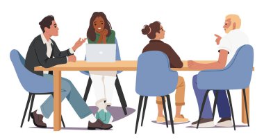 Masada oturan profesyonel iş arkadaşları ofis karikatür sahnesi sırasında takım çalışması, tartışma ve stratejik planlamayla meşguller. Şirket ortaklığı ve işbirliği vektör illüstrasyonu