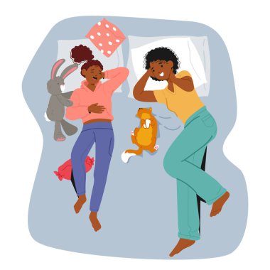 Anne ve genç kız, yatak odasındaki karikatür sahnesinde yatakta uzanırken güzel konuşuyorlar, dedikodu yapıyorlar ve sırlarını paylaşıyorlar. Ebeveyn ve ergen yakınlaşması ve arkadaşlık vektörü çizimi