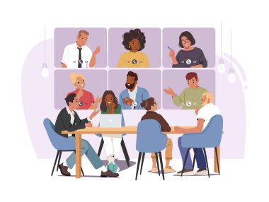 Melez iş ekibi ofis toplantısı yapıyor ve uzaktan kumandalı iş arkadaşlarıyla görüntülü görüşme yapıyor. Esnek kurumsal işbirliği, modern iş ve işyeri verimlilik vektörü çizimi