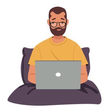 Gece geç saatlerde dizüstü bilgisayarla yatakta oturan, gözlüklü, aşırı çalışan serbest çizgi film karakteri. Uzak kariyer vektör illüstrasyonunda kısıtlı süreler ve iş-yaşam dengesi eksikliği