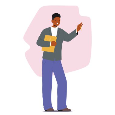 Emlakçı erkek çizgi film karakteri şarkı söylemesi için anahtar ve sözleşme veriyor. En iyi satış önerisi vektör illüstrasyonunu sonuçlandırmak için kârlı bir mülkiyet anlaşması öneriyor. Konut hizmetleri