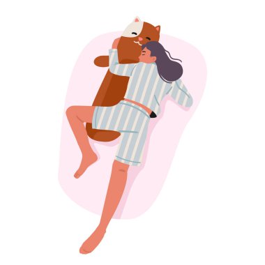 Çizgili pijama giyen genç bir kadın büyük yumuşak kedi çizgi film sahnesiyle evde uyuyor. Rahat bir uyku, uyku hijyeni ve zihinsel sağlık rahatlama vektörü çizimi anı.